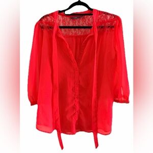 CODE Red Sheer Lace Shoulder Tie Neck Blouse - Size 14